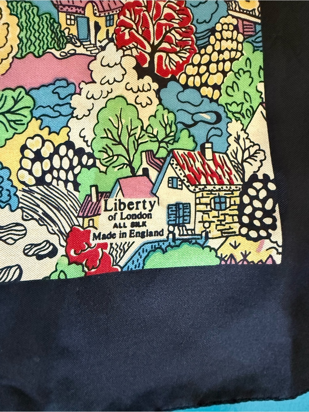 Liberty of London Silk Scarf w/ Colorful Village Scene & Black Border - Picture 9 of 10